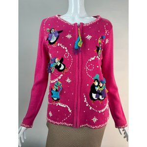 Heirloom Collectibles Petite Lg XMas Penguin Zip Cardigan Sweater Pink Cotton Bl